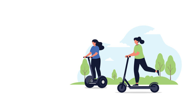 Flat vector illustration showing two women using modern electric transportation, one on a segway and the other on a kick scooter.