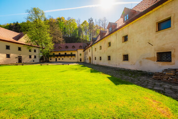 Medieval monastery Cerveny Klastor near Peak Tri Koruny or Trzy Korony in Pieniny National park in Slovakia and Poland © Zedspider