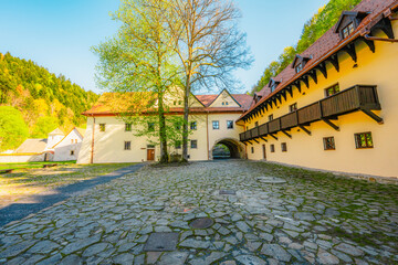Medieval monastery Cerveny Klastor near Peak Tri Koruny or Trzy Korony in Pieniny National park in Slovakia and Poland © Zedspider