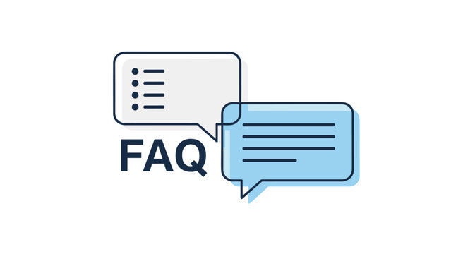 Informative graphic for a frequently asked questions section with speech bubbles and the acronym faq in bold blue text.