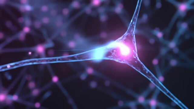 Macro view of a glowing neural network: a bright pink-purple neuron with branching synapses against a dark, starry backdrop; futuristic, abstract AI concept