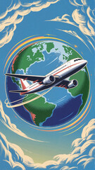 Naklejka premium Airplane flying around the globe in a vibrant, artistic style against a blue sky