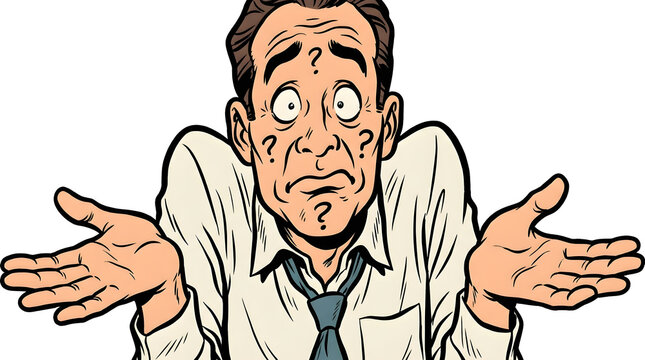 Cartoon man with puzzled expression gestures.