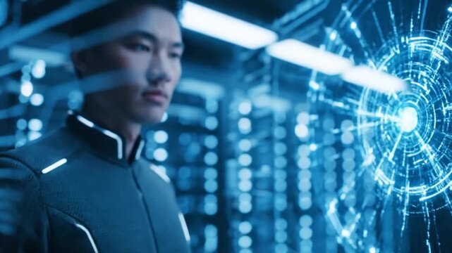 Man interacting with futuristic technology interface.