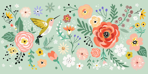 Fototapeta premium A vibrant illustration of a hummingbird amongst colorful stylized flowers
