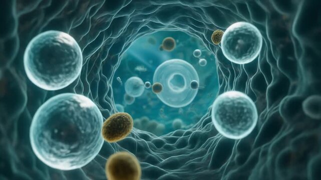 Dynamic microscopic environment illustrating cellular AUTOPHAGY with luminous vesicles for biological renewal and health