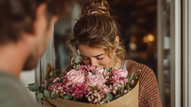 Smiling woman receives a bouquet of pink flowers from a man at a doorway; warm indoor light and a candid, intimate moment
