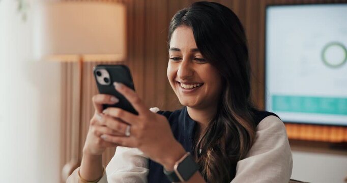 Woman, phone and laugh in office with feedback, annual report and problem solving for business. Creative, project management and idea in event agency with decision, brainstorming solution and typing