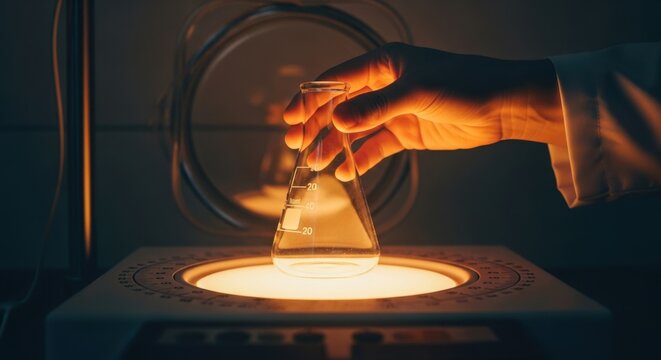 Scientist hand holding laboratory glass flask over glowing light table in dark modern lab for innovative scientific research and drug discovery.