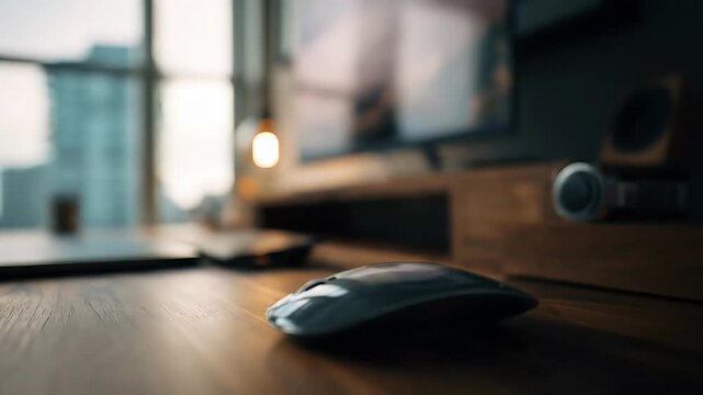 Close-up of a home office desk at sunset: closed laptop left, wireless mouse in the foreground, monitor and headphones on a wooden stand, blurred city skyline through a window