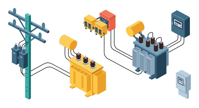 Isometric illustration of electrical substations transformers and power lines