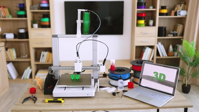 A 3D printer is actively creating green letters on its build plate, surrounded by spools of filament and a laptop displaying the 3D logo