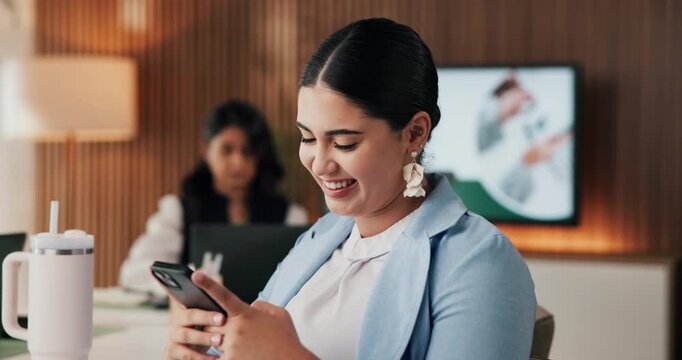 Woman, phone and laugh in office with typing, email response and problem solving for business. Creative, coworking and reading in event agency with decision, brainstorming solution and feedback