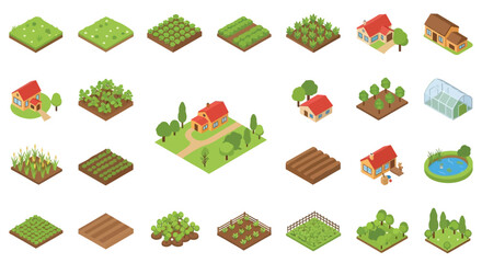 Isometric farm elements houses fields trees and garden structures © SERINA AKTHER
