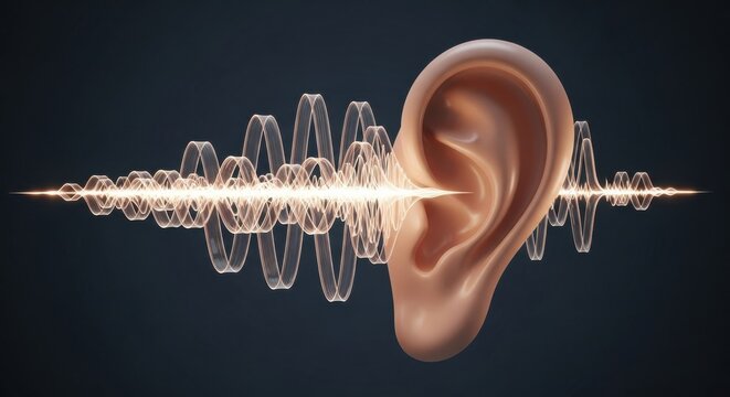 Human Ear Receiving Glowing Sound Wave Visualization for Audiology and Hearing Health Technology Concept