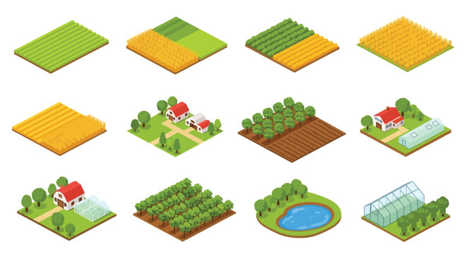Isometric farmland set featuring various crops houses and a greenhouse