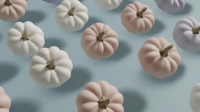 Pastel mini pumpkins floating on a soft blue surface; white and blush pumpkins arranged in a whimsical flat-lay for autumn d&eacute;cor