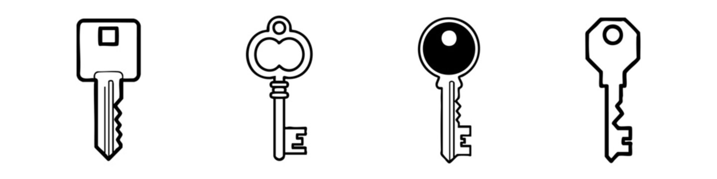 Outline key icons set. Various types of black line art keys for security, access, and lock concepts.