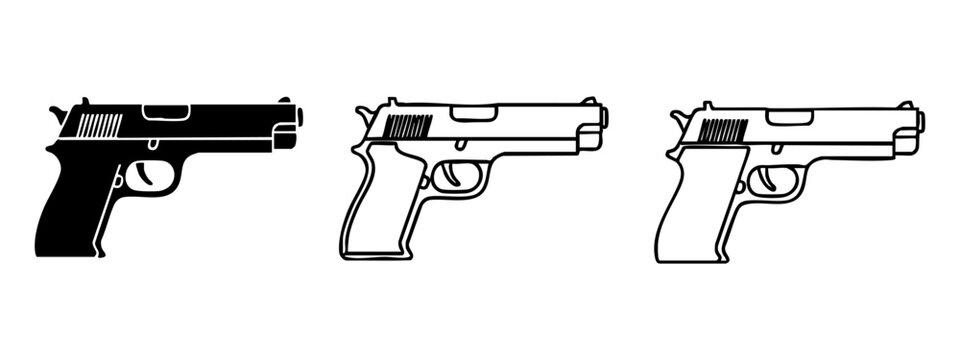 Handgun pistol icon set, silhouette and outline versions, isolated on white background.