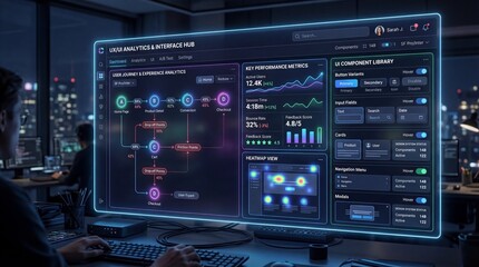Obraz premium A futuristic control room with a large glowing globe surrounded by screens and operators