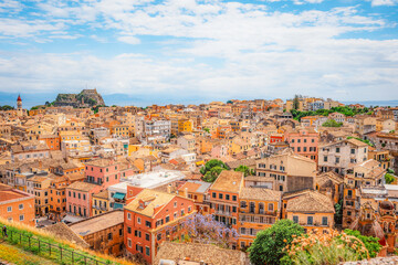 Fototapeta premium New Venetian Fortress in corfu city. Historic 16th-century Venetian fortified castle view on the city and the sea. Corfu, Greece