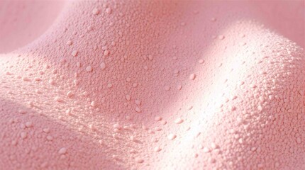 Fototapeta premium A macro photograph of a textured, pale pink surface with countless tiny, raised bumps and scattered water droplets that catch the light.soft, fabric-like appearance, with gentle curves and undulations