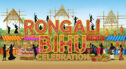 Obraz premium A vibrant illustration depicting the rongali bihu celebration with traditional structures and people