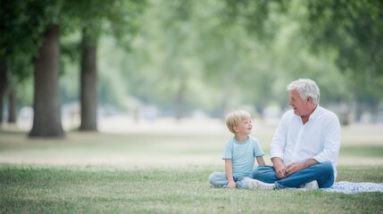 Fototapeta premium Grandfather and grandson sitting on a blanket in a park, surrounded by trees, enjoying a moment together while engaged in conversation, with soft natural light illuminating the scene