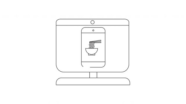 Computer Screen Displaying Noodles - A Simple Line Art Illustration.