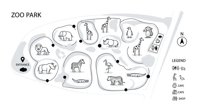 A black and white illustration of a zoo park map with various animal enclosures and attractions, Generative AI.