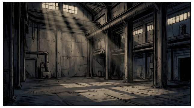 Abandoned Industrial Building Interior Space.