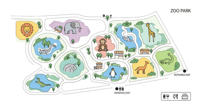 A colorful map of a zoo park with various animal enclosures and attractions, Generative AI.