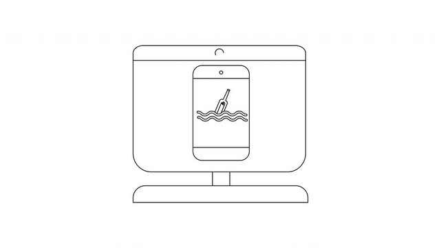 Computer Screen Displaying Surfing Image - Minimalist Line Art.