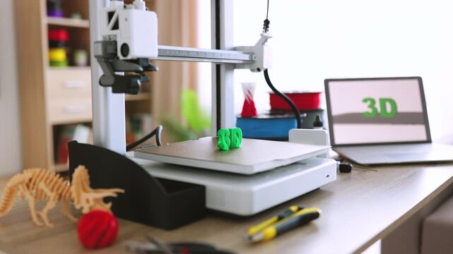 A 3D printer is actively creating a green plastic object on its build plate with a laptop displaying the 3D logo in the background