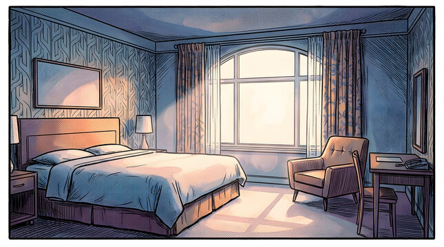 Bed with blue sheets and pillows.