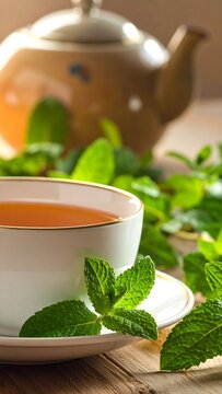 A serene still life with a cup of tea and mint leaves