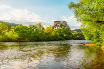 Fototapeta premium Orava castle or oravsky hrad in Oravsky Podzamok in Slovakia. Medieval castleon high cliff by the Orava river.