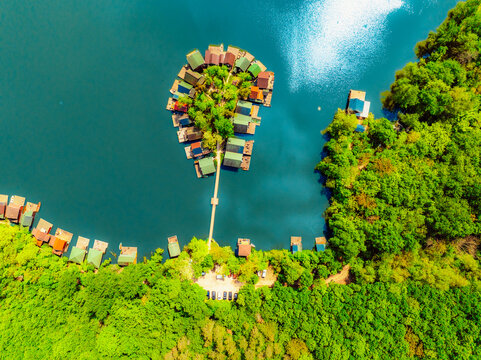 Floating village tata in Hungary. Houses belong to local fishermen. aerial