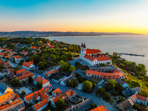 Tihany in Hungary. Benedictine Monastery of Tihany Abbey with Lake Balaton.