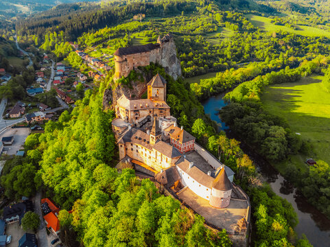 Orava castle or oravsky hrad in Oravsky Podzamok in Slovakia.  Medieval castleon high cliff by the Orava river.
