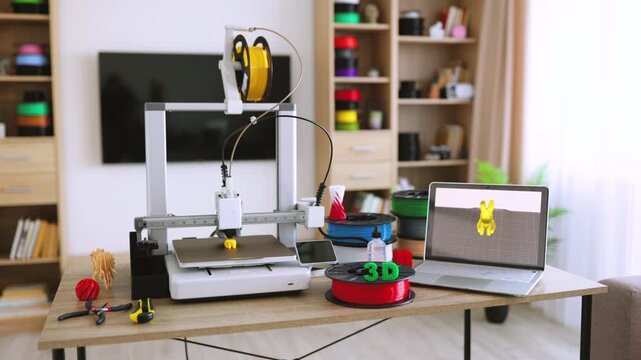 A 3D printer is actively creating a yellow object while a laptop displays its digital model and spools of filament are nearby