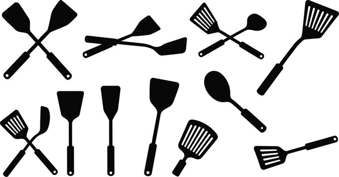 Spatula and Kitchen Utensil Silhouette Set with Cooking Tools Crossed and Single Designs for Culinary and Food Preparation Isolated on White Background