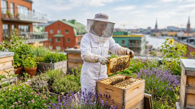 Female beekeeper in Nordic rooftop garden with flowers, sustainable lifestyle and nature harmony concept