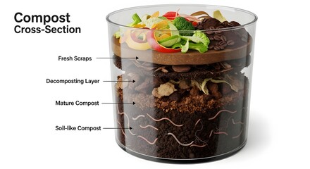 A detailed illustration of a compost cross-section in a clear container