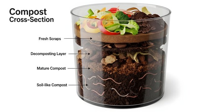 A detailed illustration of a compost cross-section in a clear container