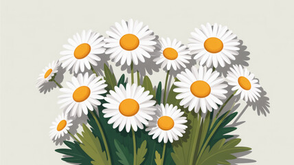 Fototapeta premium A vibrant bunch of white daisies with yellow centers and green leaves on a light beige background symbolizing happiness and innocence in a simple flat illustration style