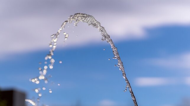 parabola. A single jet of water arches gracefully from a fountain against a bright sky. travel magazines, destination branding, designed for outdoor magazines and nature guides.