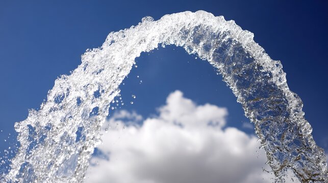 parabola. A single jet of water arches gracefully from a fountain against a bright sky. travel magazines, destination branding, designed for outdoor magazines and nature guides.