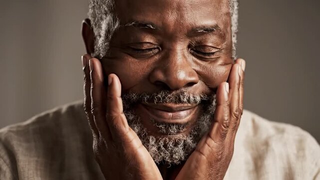 Elderly man with gray beard gently touching his face with closed eyes