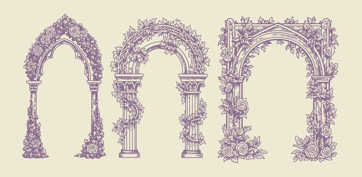 Gothic window frame vector set with hand drawn medieval cloister arch borders, floral vines and flowers, vintage fantasy castle portal design for wedding invitations, stationery, and decorative prints